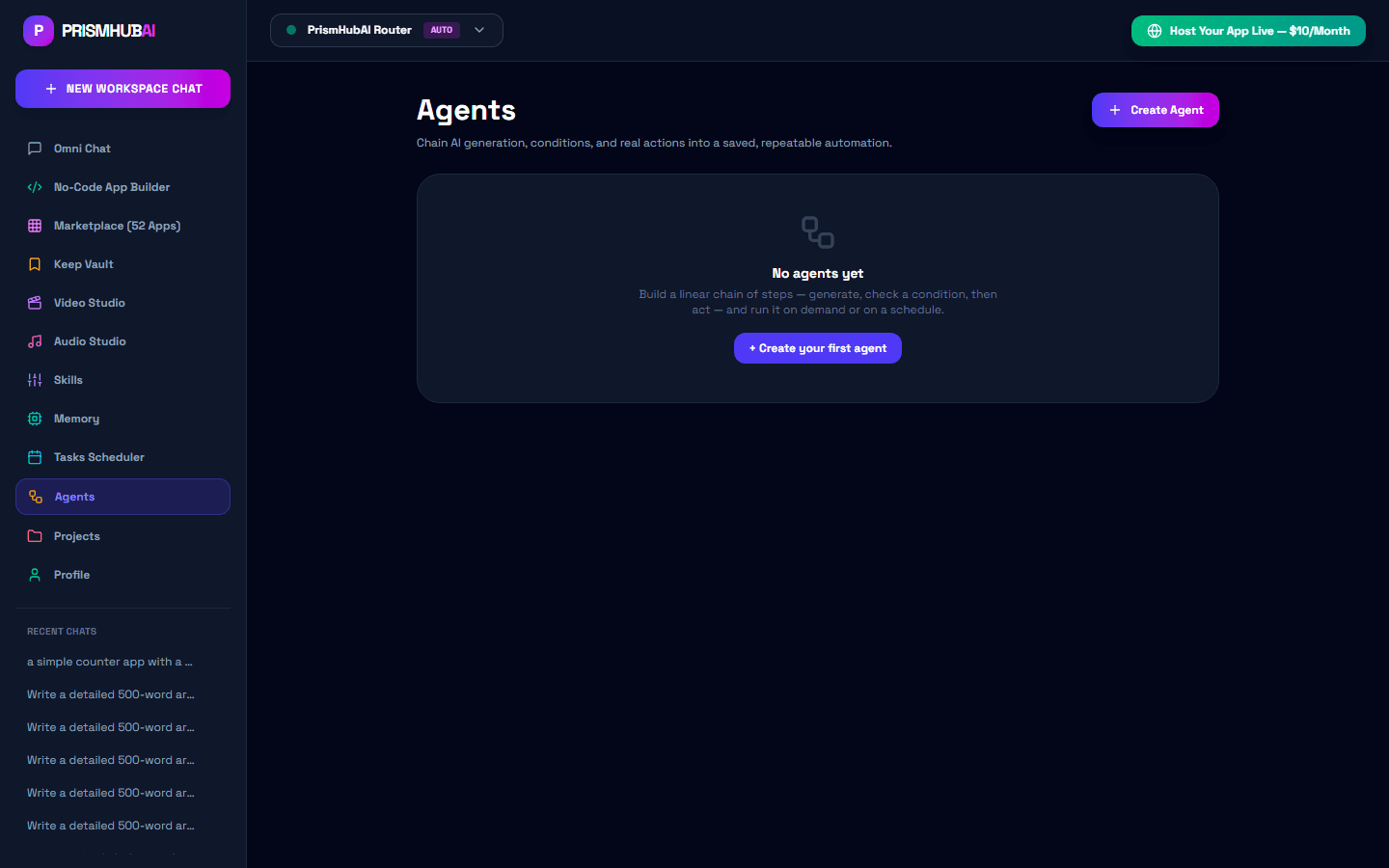 The real PrismHub Agent Builder Agents panel, with a Create Agent button and real onboarding copy for chaining generation, conditions, and actions