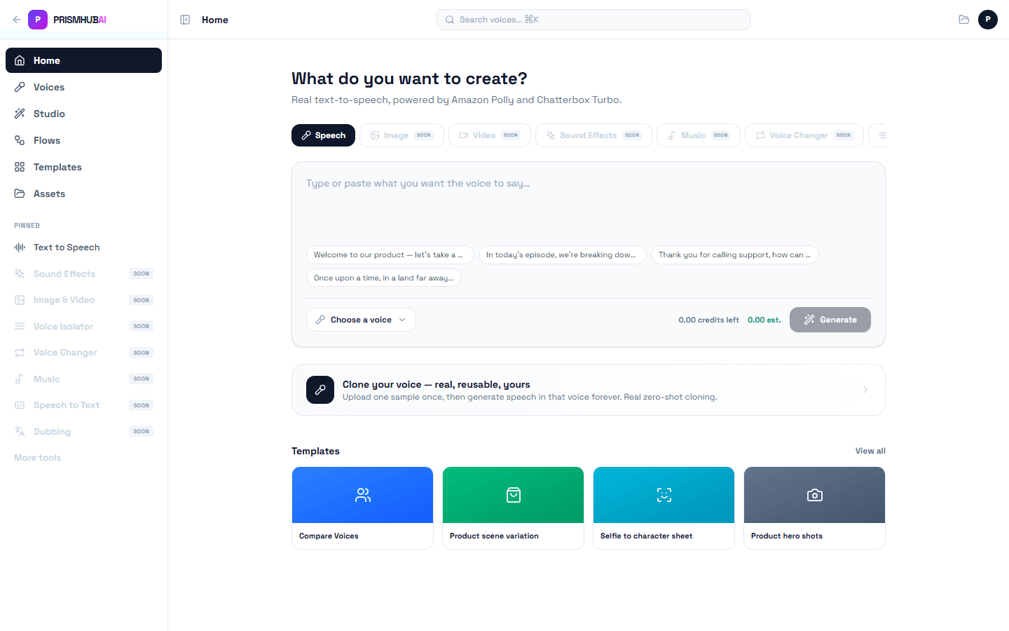 The real PrismHub Audio Studio home: Speech, Image, Video, Sound Effects, Music, and Voice Changer tabs, real text-to-speech, and a Clone Your Voice card