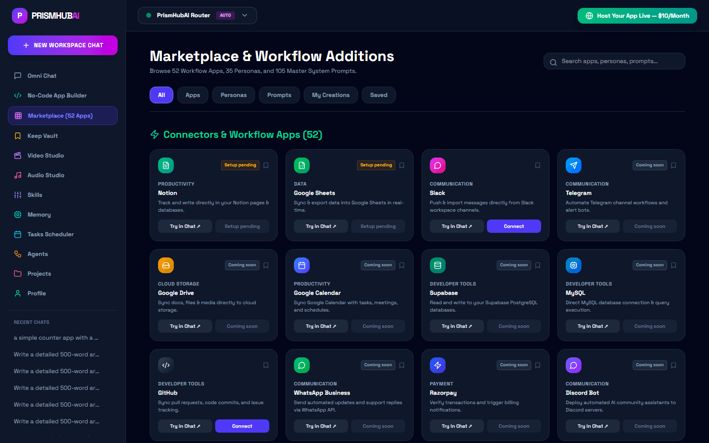 The real PrismHub Marketplace grid of 52 connectors and workflow apps, including live Slack and GitHub connections