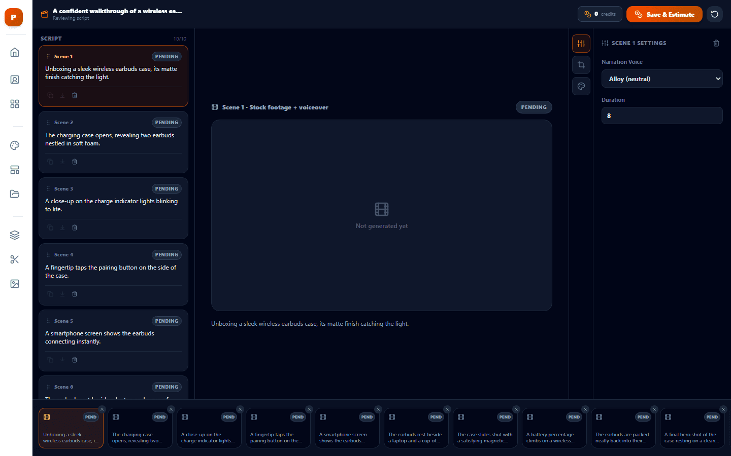 The real PrismHub Video Studio scene editor: a full script broken into scenes, a live canvas preview, and per-scene settings