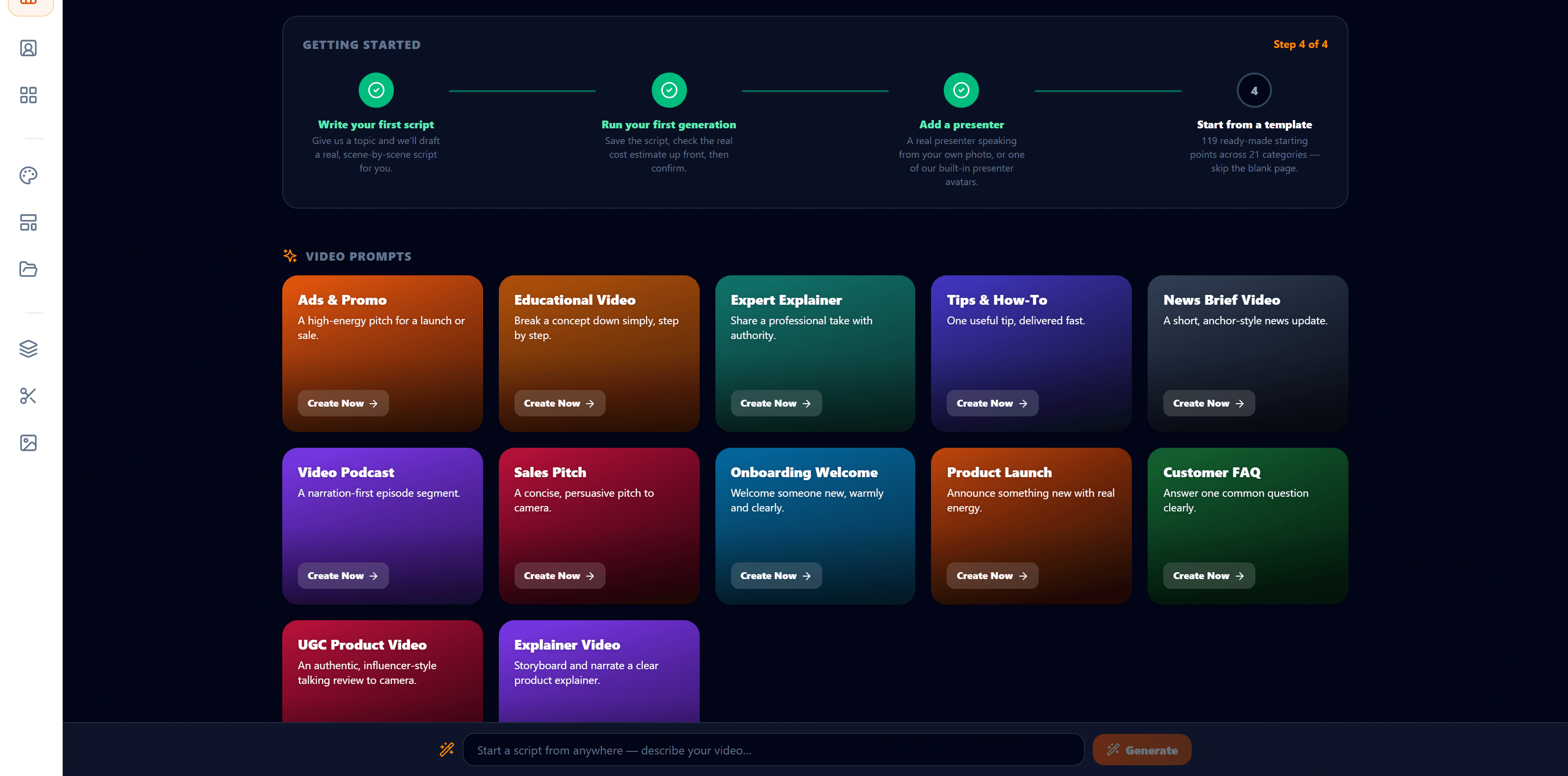 The real PrismHub AI Video Studio workspace: a Getting Started tracker and a grid of real starting-point templates like Ads & Promo, Sales Pitch, and Explainer Video